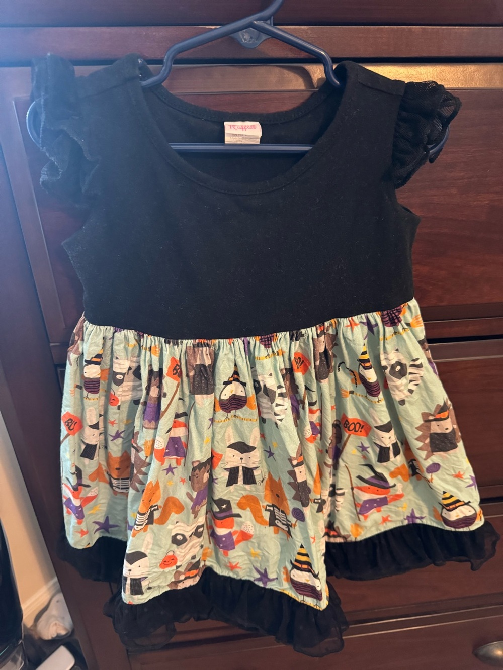 Ricrac & Ruffles - Black & Multi Halloween Print Ruffle Sleeve Kids Dress